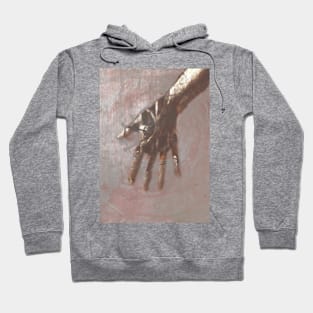 Digital collage, special processing. Hand, mystic. Ugly grainy texture on close up, so beautiful on distance. Desaturated, light. Hoodie